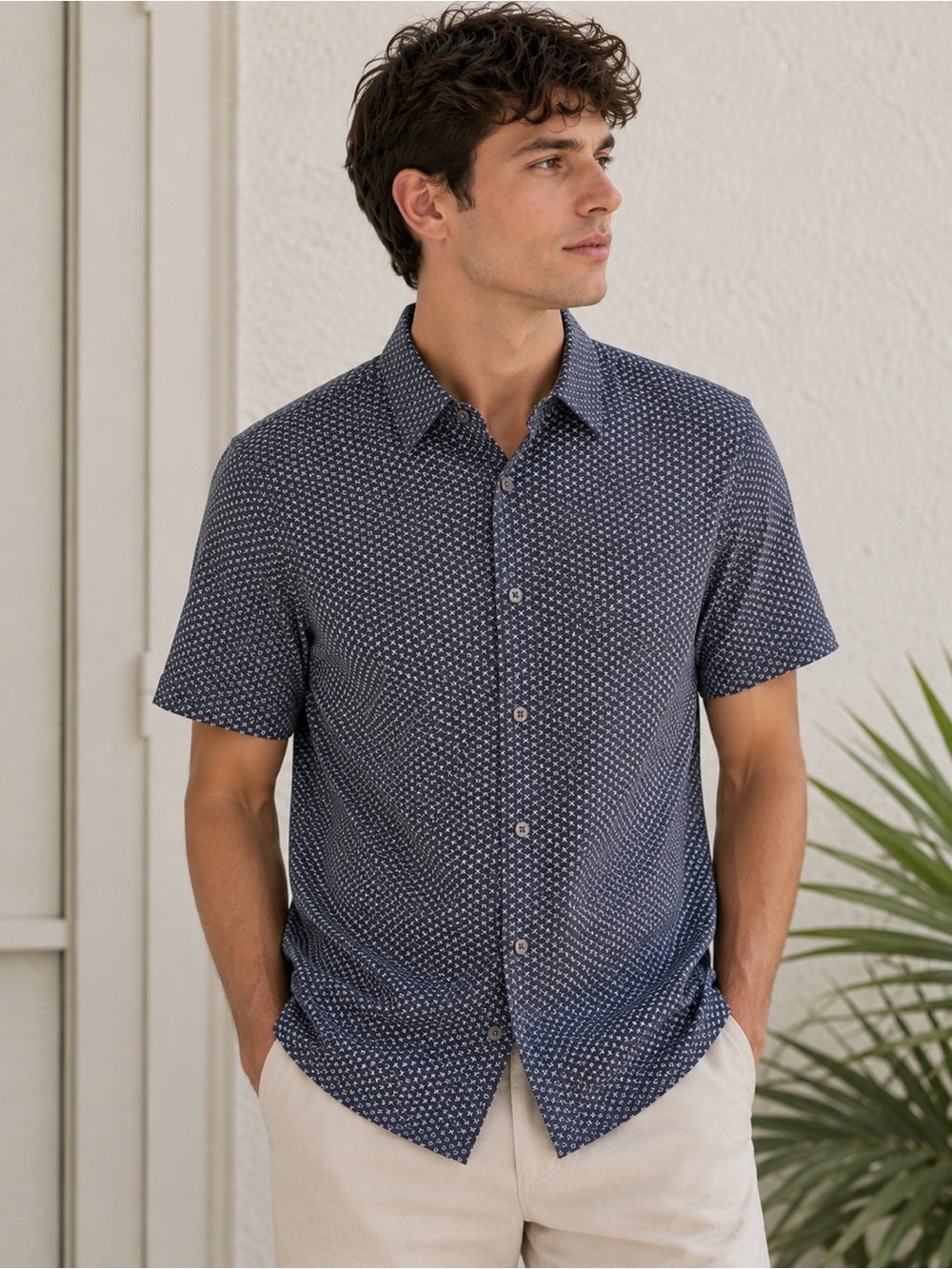 Ted Baker London Men’s Size 3 Medium Blue Geometric Print Short Sleeve Shirt